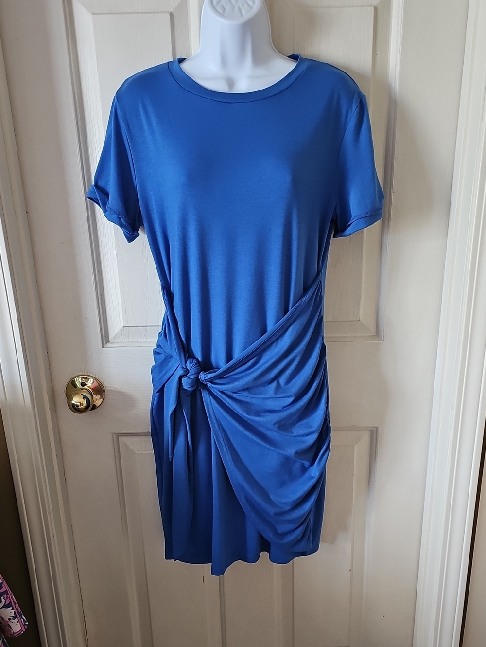 Knot-Detail Short Sleeve Blue Midi Dress